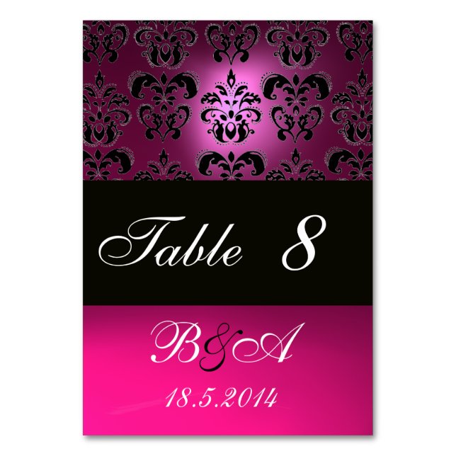 TARJETA DE MESA ROSA, FUCHSIA NEGRA, BLANCO PURPLE DAMASK MONOGRAM (Reverso)