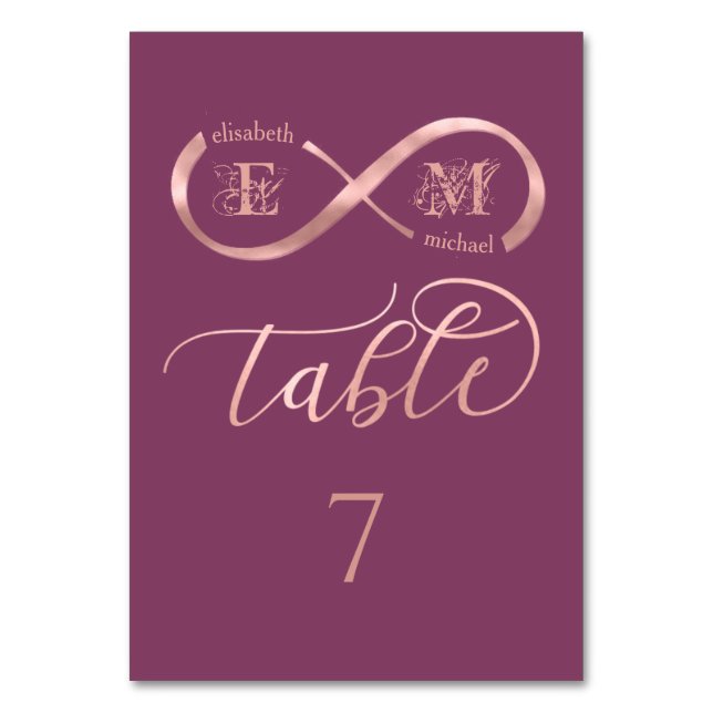 Tarjeta De Mesa Rosa infinito oro romántico monograma cassis (Anverso)