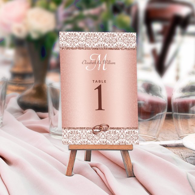 Tarjeta De Mesa Rosa Monograma Damasco Purpurina Elegante Boda (Subido por el creador)