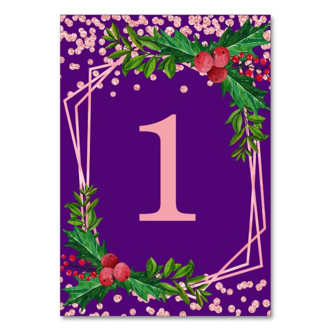 Tarjeta De Mesa Rosa Navidades Confetti Purpurina Purple Holly (Anverso)
