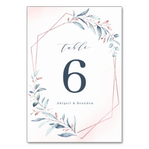 Tarjeta De Mesa Rosa Oro Dusty Blue Greenery Boda Geométrico
