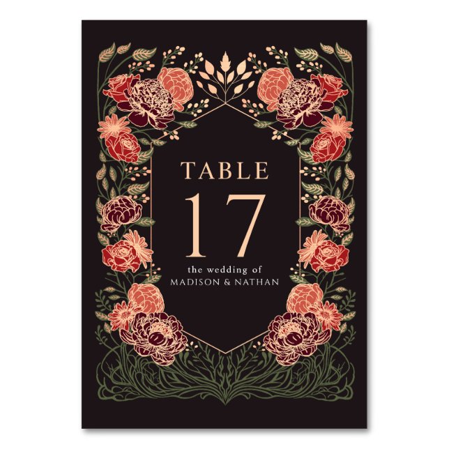 Tarjeta De Mesa Rosa Oro Negro Rojo Encantado Boda Jardín (Anverso)