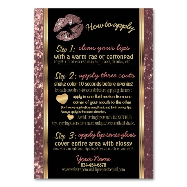 Tarjeta De Mesa Rosa Purpurina de oro Lipsense Senegence Instrucci (Anverso)