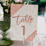 Tarjeta De Mesa Rosa purpurina oro guión número de tabla de mármol<br><div class="desc">Tipografía de oro rosa sobre bloques de color rosa de mármol blanco purpurina de oro,  y rosas falsos rayas geométricas de oro moda número de tabla boda ,  perfecto para una elegante boda en la playa, </div>