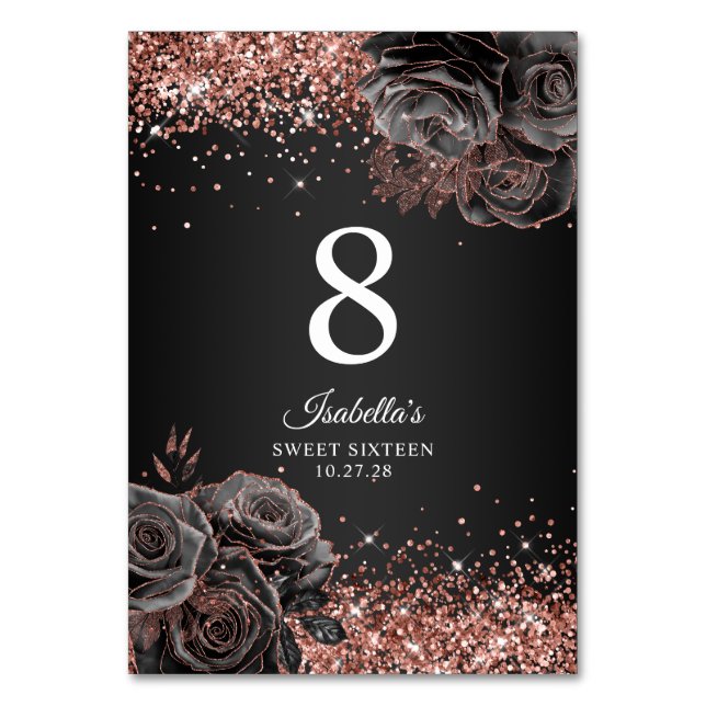 Tarjeta De Mesa Rosa Purpurinoso Oro Negro Glam Dulce Dieciséis (Anverso)