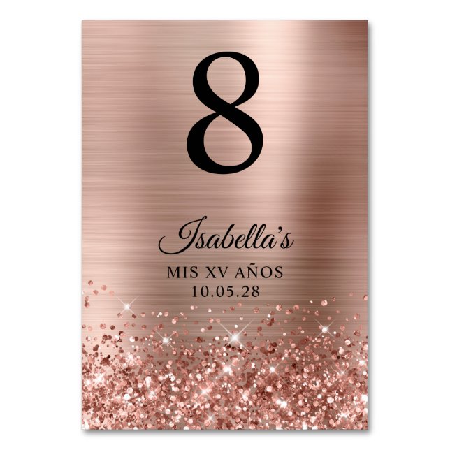 Tarjeta De Mesa Rosa Purpurinoso Relieve metalizado dorado Mis XV  (Anverso)