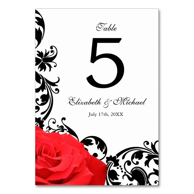 Tarjeta De Mesa Rosa Roja Flores Negras Boda (Anverso)