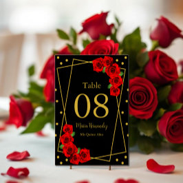 Tarjeta De Mesa Rosa Roja Negro y Quinceañera de oro