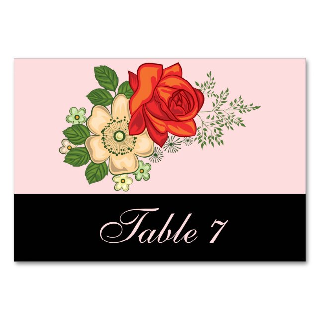 Tarjeta De Mesa Rosa Roja y Daisies Boda Negro (Anverso)