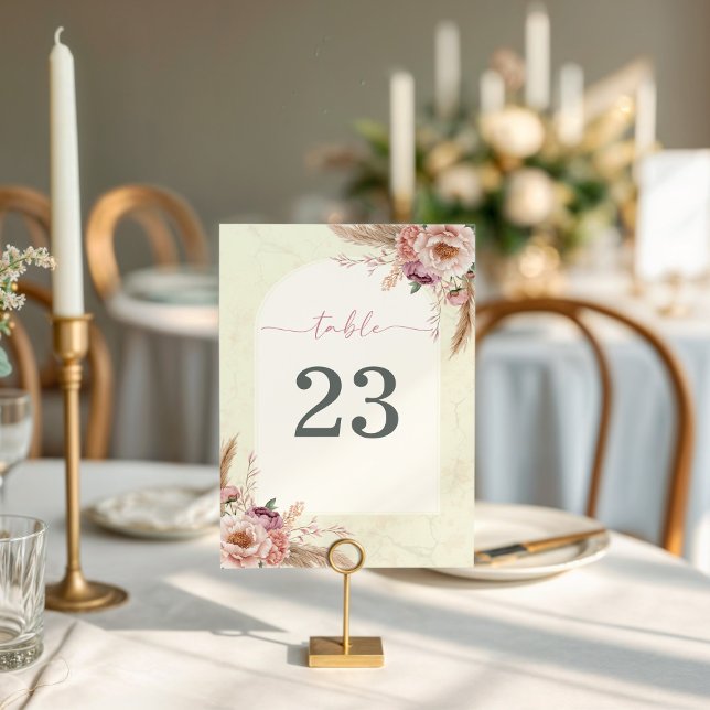 Tarjeta de mesa rosa Rubor de Boho Floral Arch (Boho floral watercolor with pampas grass and arch with marble design)