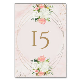 Tarjeta De Mesa Rosa Rubor y Floral Acuarela Dorada