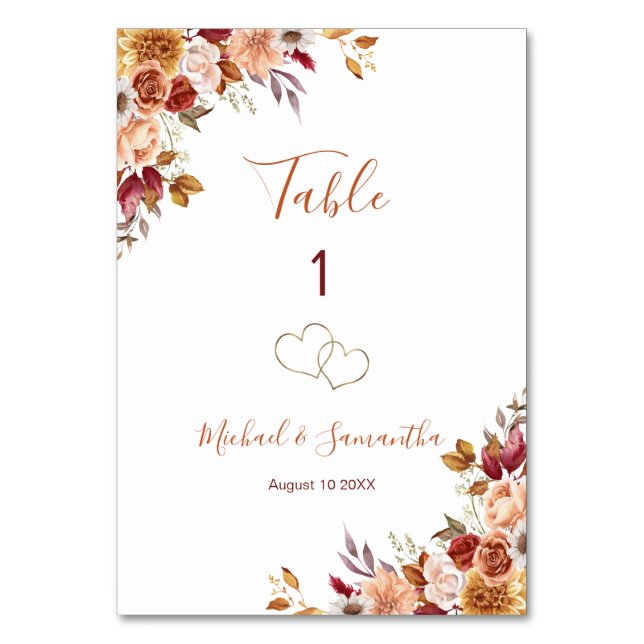 Tarjeta De Mesa Rosa Rústica y Crisantemo Boda de Otoño (Anverso)