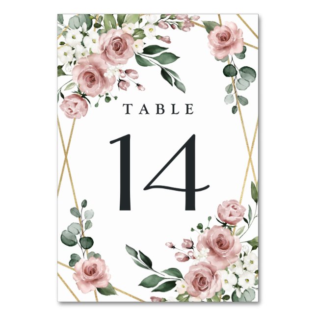 Tarjeta De Mesa Rosa turbio Boda de vegetación floral rosa y dorad (Anverso)