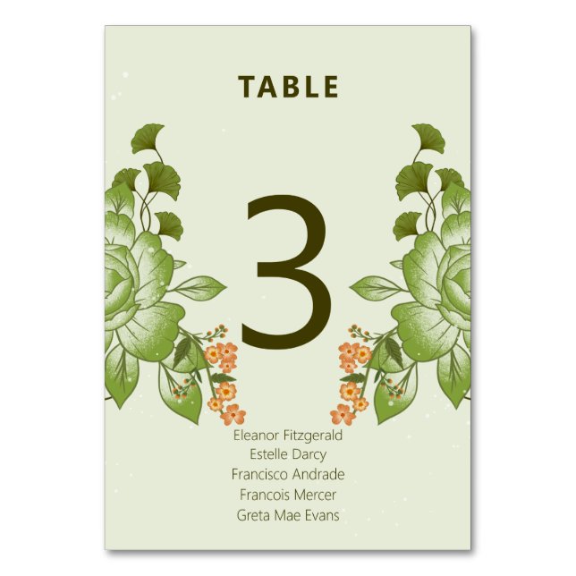 Tarjeta De Mesa Rosa verde Boda floral (Anverso)