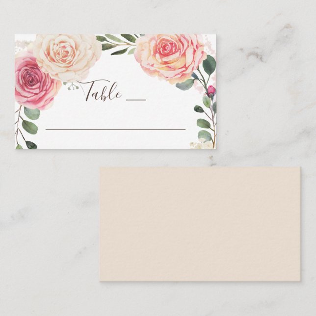 Tarjeta De Mesa Rosas acuarelas. Elegante boda de jardín florido (Anverso / Reverso)