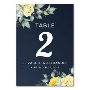 Tarjeta De Mesa Rosas amarillas acuarela boda azul marino floral