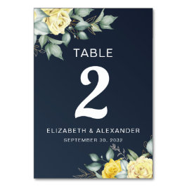 Tarjeta De Mesa Rosas amarillas acuarela boda azul marino floral