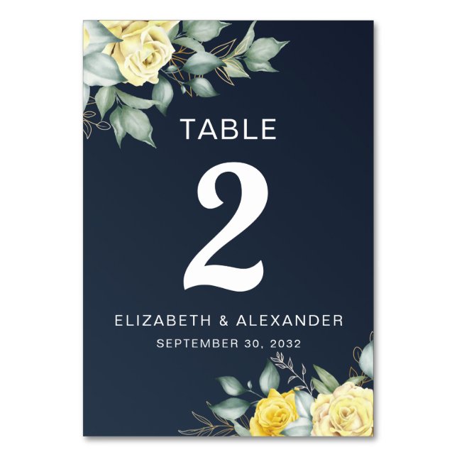 Tarjeta De Mesa Rosas amarillas acuarela boda azul marino floral (Anverso)