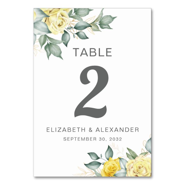 Tarjeta De Mesa Rosas amarillas acuarela floral boda romántico (Anverso)