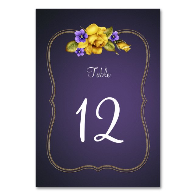 Tarjeta De Mesa Rosas Amarillas Violetas Púrpuras Marco Oro (Anverso)