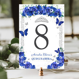 Tarjeta De Mesa Rosas azules Quinceañera Mariposas Plateadas Flora
