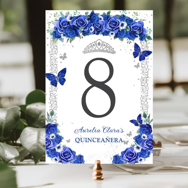 Tarjeta De Mesa Rosas azules Quinceañera Mariposas Plateadas Flora (Subido por el creador)