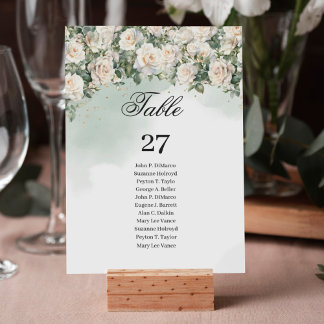 Tarjeta De Mesa Rosas blancas románticas Eucalipto Verdor y Oro