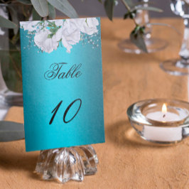 Tarjeta De Mesa Rosas Blancas y Elegante Boda Aqua