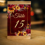 Tarjeta De Mesa Rosas burdeos de boda otoño girasoles<br><div class="desc">Boda de otoño rosas de Borgoña girasoles amarillos verde fondo burdeos marco dorado boda floral número de tarjeta</div>
