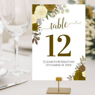 Tarjeta De Mesa Rosas de acuarela Boda elegante amarillo y oro