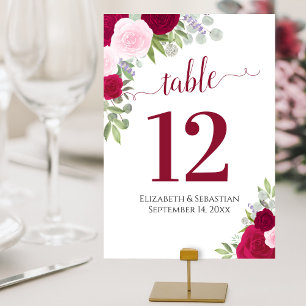 Tarjeta De Mesa Rosas de acuarela Boda elegante de magenta y rosa