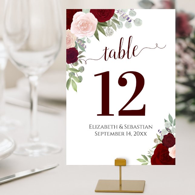 Tarjeta De Mesa Rosas de acuarela Boda rojo elegante de Borgoña (Customize & Order each number individually)