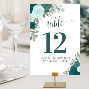 Tarjeta De Mesa Rosas de acuarela elegante Boda turquesa Verde azu