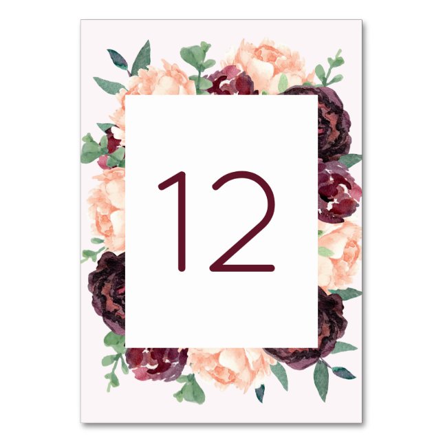 Tarjeta De Mesa Rosas de Borgoña Peach Peony Table Number Cards (Anverso)