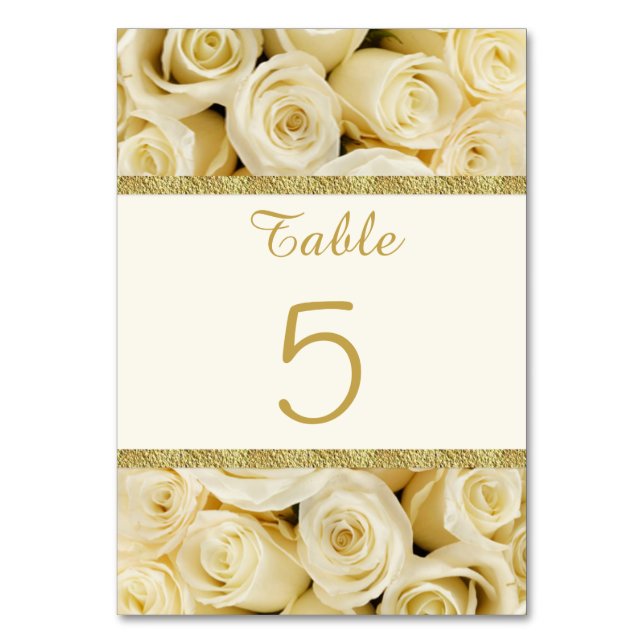 Tarjeta De Mesa Rosas de crema blanca con un guardabarros dorado (Anverso)