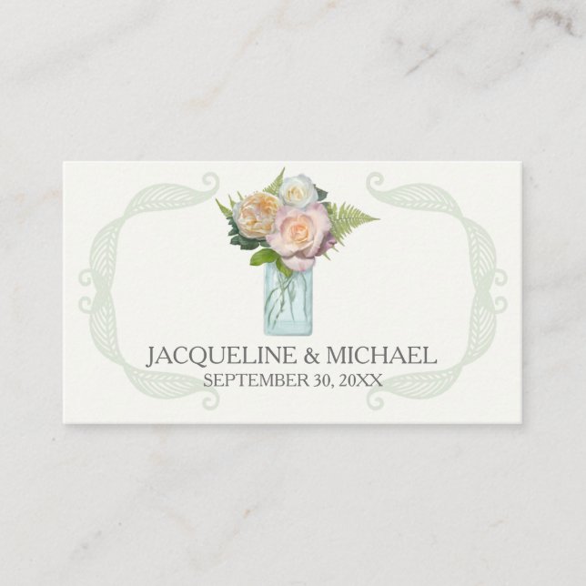 Tarjeta De Mesa Rosas de Mason Jar de flores rusticas acompañan a  (Anverso)