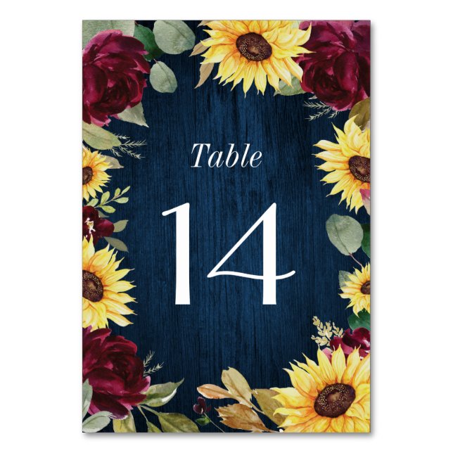 Tarjeta De Mesa Rosas del girasol Boda rojo y azul de la Marina de (Anverso)