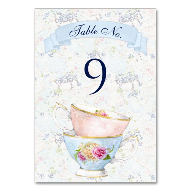 Tarjeta De Mesa Rosas del té Enseñanzas Azul Blanco Rosa Amarillo (Anverso)