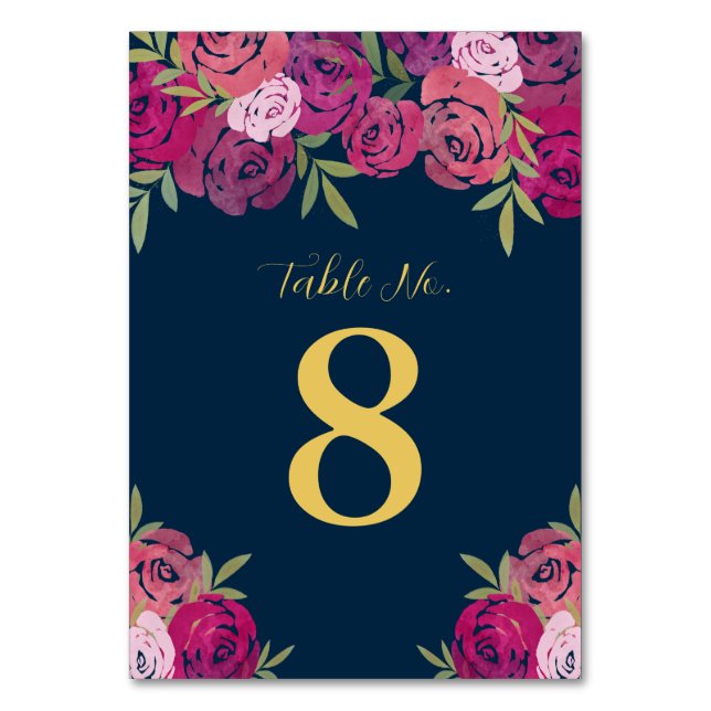 Tarjeta De Mesa Rosas florales rosados y morados dejan Boda azul (Anverso)