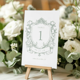 Tarjeta De Mesa Rosas franceses de Sage Green, Boda Escudo de Vint