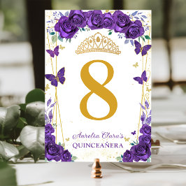 Tarjeta De Mesa Rosas morados Mariposas Florales Doradas Quinceañe