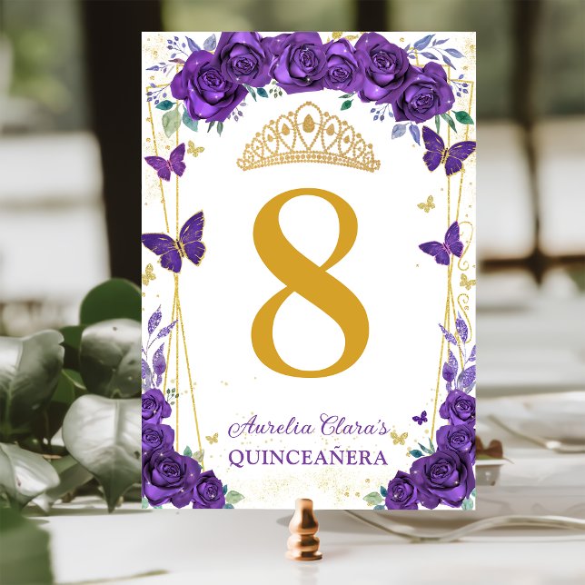 Tarjeta De Mesa Rosas morados Mariposas Florales Doradas Quinceañe (Subido por el creador)