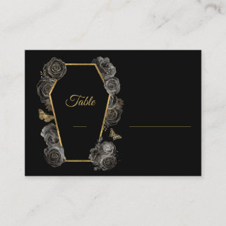 Tarjeta De Mesa Rosas Negras y Doradas Patrón de Boda Gótico Ataúd