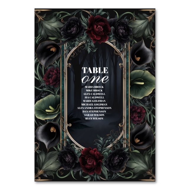 Tarjeta De Mesa Rosas negros Boda gótico floral de Halloween (Anverso)