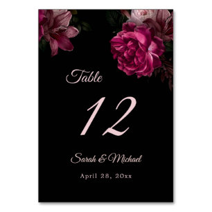 Tarjeta De Mesa Rosas pintadas a mano Bodas florales oscuras y mel