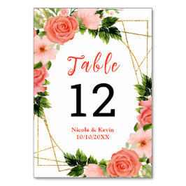 Tarjeta De Mesa Rosas rojas coral con follaje