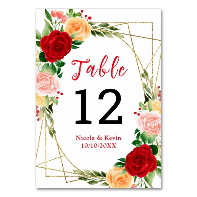 Tarjeta De Mesa Rosas románticas rojas y naranjas (Anverso)