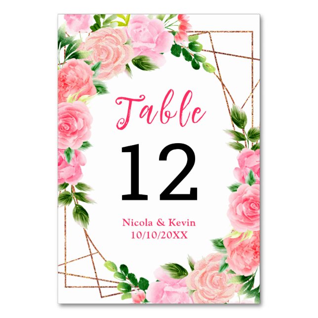 Tarjeta De Mesa Rosas rosadas con follaje de boda (Anverso)