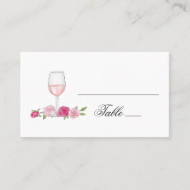 Tarjeta De Mesa Rosas rosadas. Flores sonrosadas y vino. Boda flor
