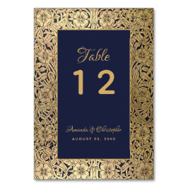 Tarjeta De Mesa Rosas Salvajes Elegantes Azul Marino Dorado Vintag